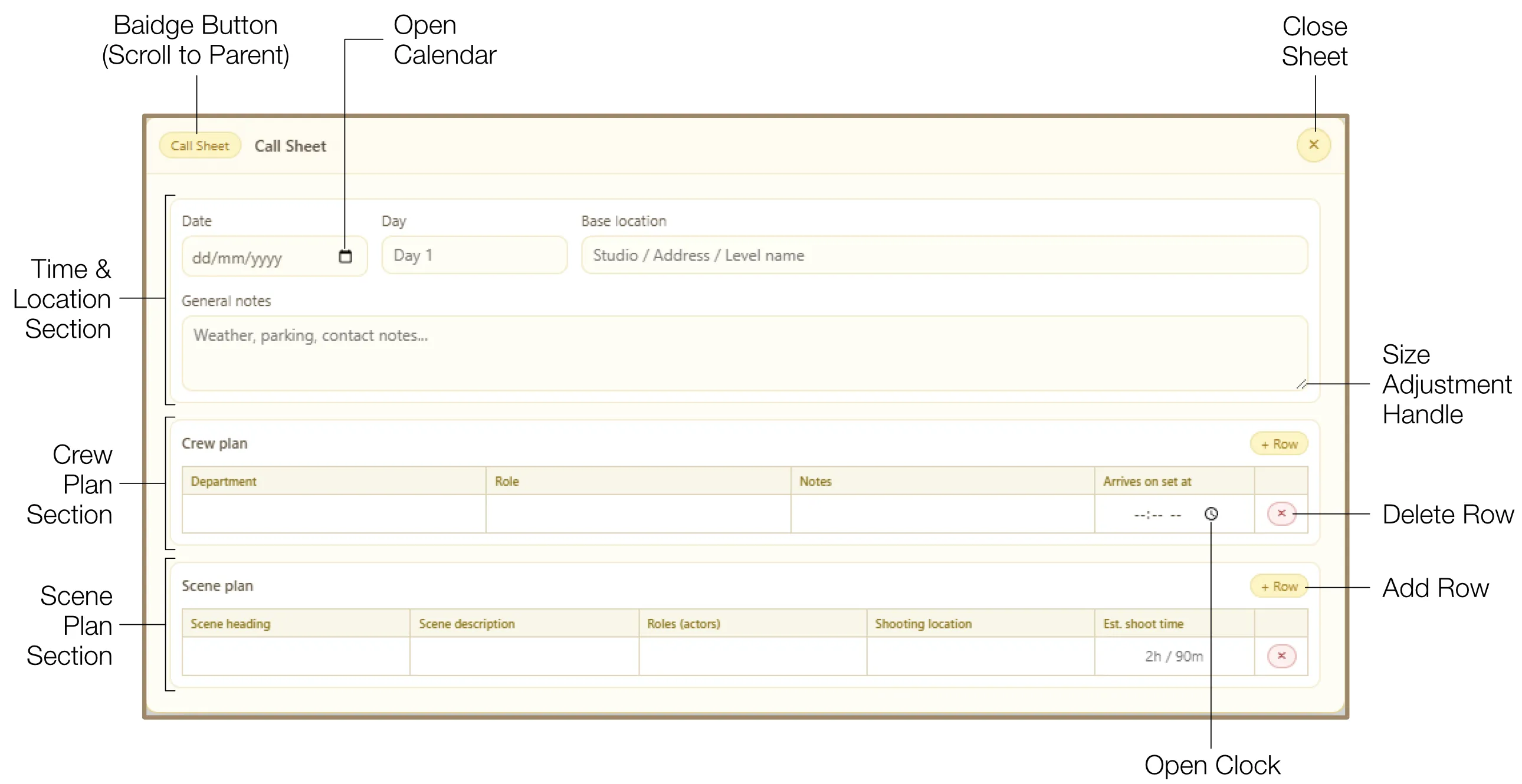 Call Sheet with Time & Location, Crew Plan, and Scene Plan sections